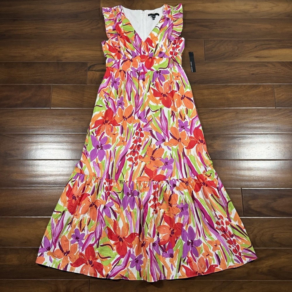 Maggy London Women's Size 6‎ White Coral Floral Ruffle V Neck Maxi Dress